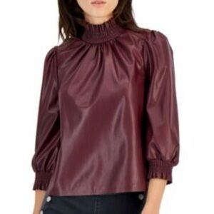 I.N.C. Burgundy Mock Neck Faux Leather Puff Sleeve Blouse